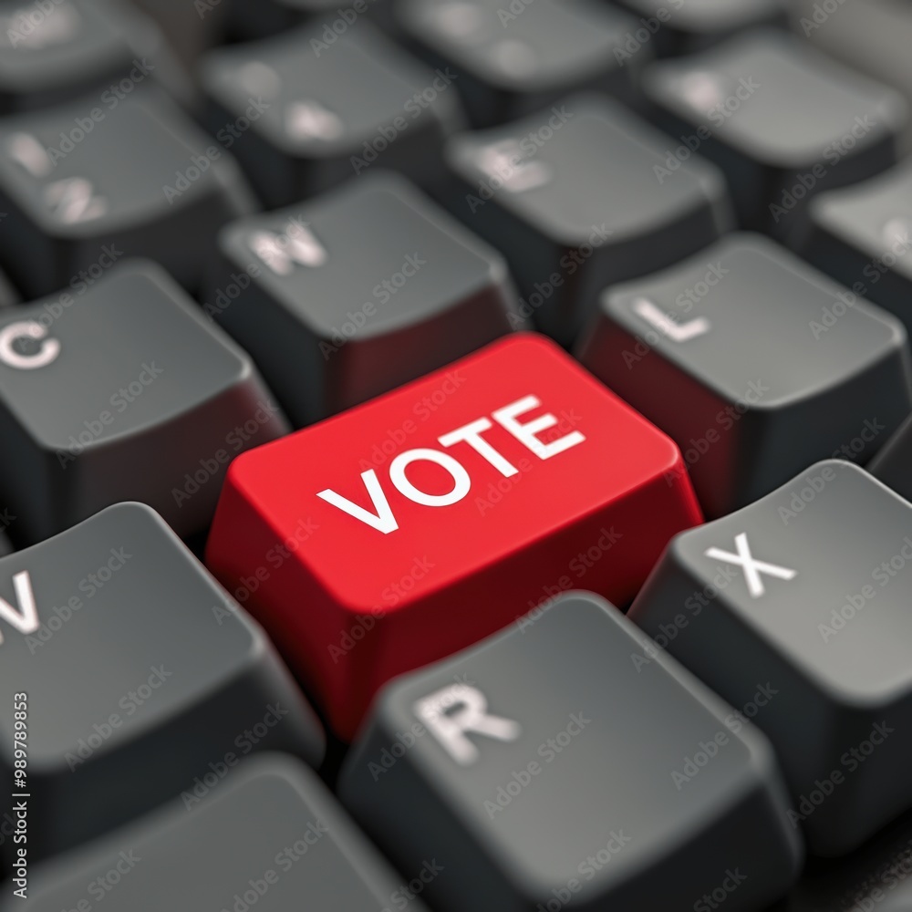 A close-up of a keyboard featuring a prominent red VOTE key, symbolizing civic engagement and digital participation in elections.