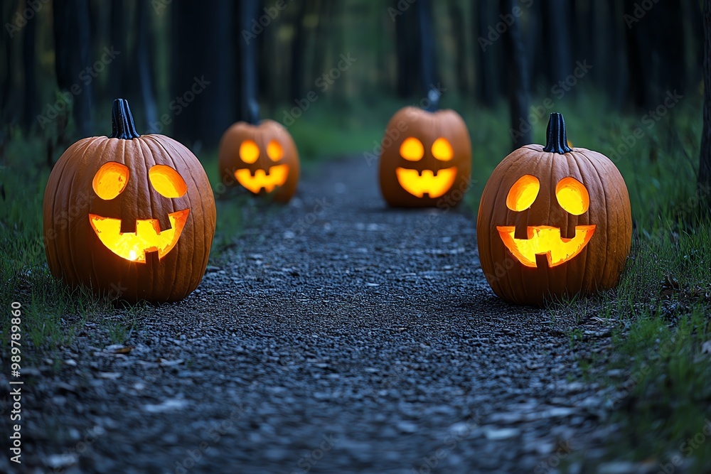 Obraz premium A dark forest path lit by jack-o’-lanterns, creating a spooky, mysterious atmosphere
