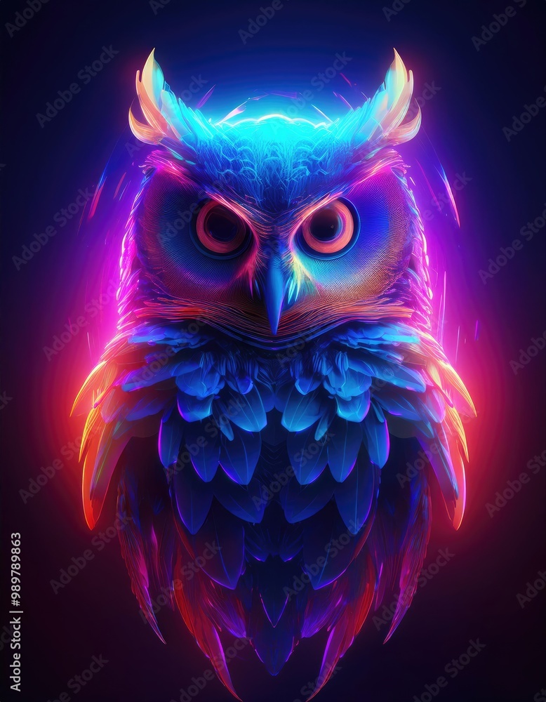 Neon owl with glowing feathers Neon owl with glowing feathers