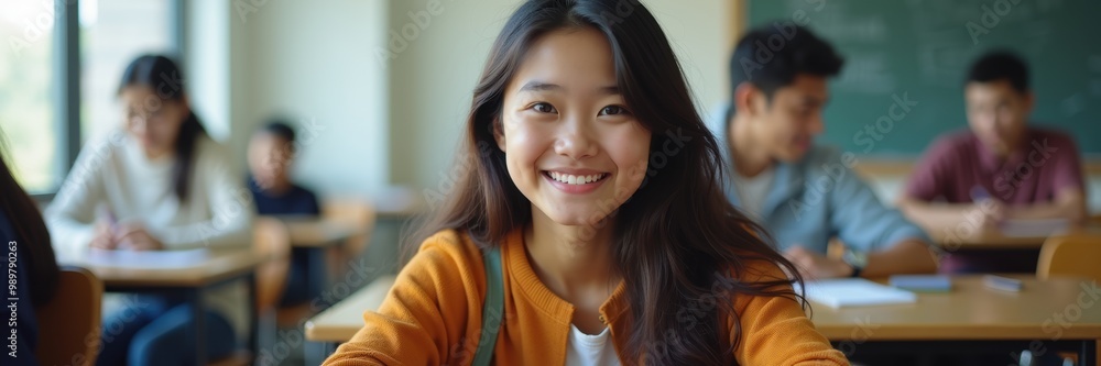 A cheerful student in a classroom setting, showcasing engagement and positivity. Ideal for educational materials, student life promotions, and academic campaigns.