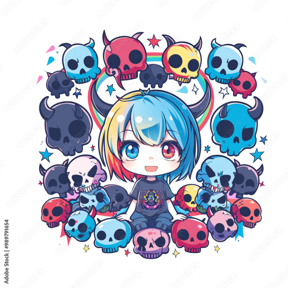 A young anime girl with blue and pink hair sits in a circle of colorful skulls. A young anime girl with blue and pink hair sits in a circle of colorful skulls.
