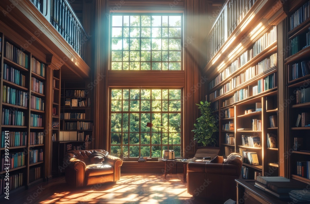 Sunlit Library with Large Windows Sunlit Library with Large Windows