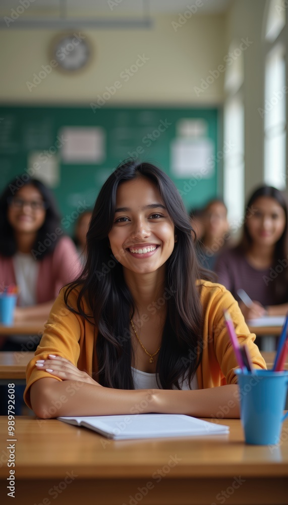 Fototapeta premium A cheerful student in a classroom setting, exuding confidence and positivity, ready to learn. Perfect for educational marketing, school promotions, or youth engagement campaigns.
