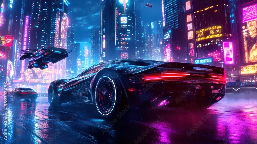 Futuristic Cityscape with High-Tech Racing Cars Futuristic Cityscape with High-Tech Racing Cars