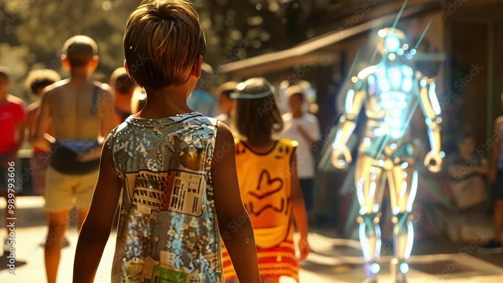 Children walking down a street are looking at a hologram projection of a robot in the near future, showcasing the rapid advancement of technology Children walking down a street are looking at a hologram projection of a robot in the near future, showcasing the rapid advancement of technology