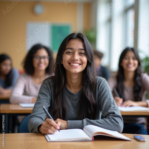 Happy students are engaged in learning in a bright classroom. A young girl smiles while taking notes, reflecting enthusiasm for education and collaboration.