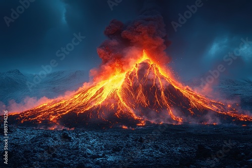 Eruption of a Volcano with Smoke and Lava