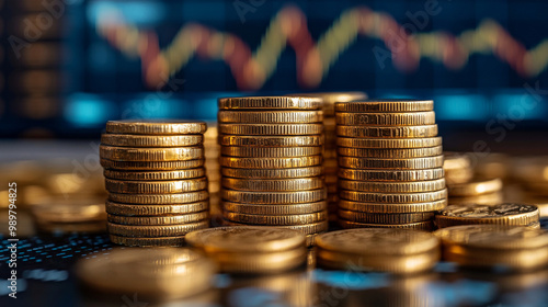 Stacks of gold coins with a stock chart in the background.