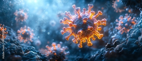 A close-up 3D illustration of a coronavirus particle in the air.