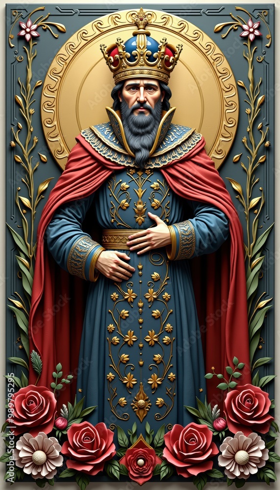 Fototapeta premium A majestic king figure adorned in regal attire, surrounded by intricate floral designs, conveying themes of power, history, and artistry.