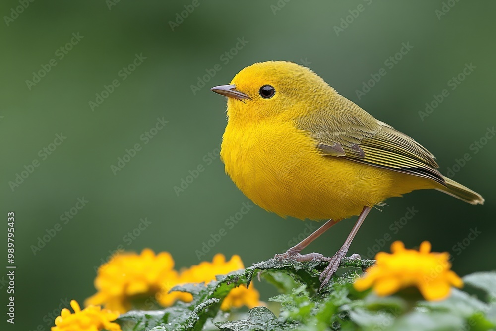 Yellow Warbler Bird Perched on Green Leaves with Yellow Flowers Yellow Warbler Bird Perched on Green Leaves with Yellow Flowers