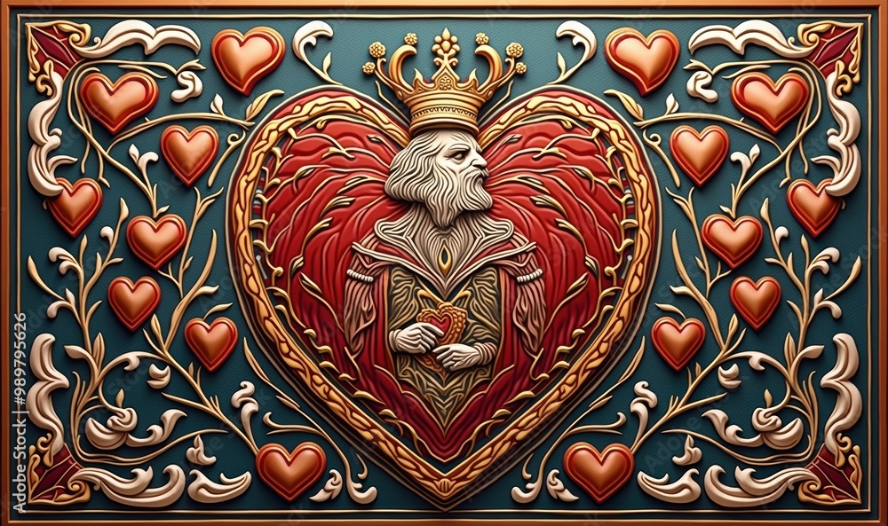 Intricate artwork featuring a regal figure surrounded by hearts, ideal for themes of love, royalty, and art. Intricate artwork featuring a regal figure surrounded by hearts, ideal for themes of love, royalty, and art.
