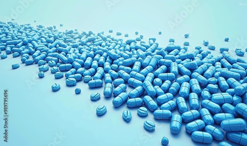 A vibrant collection of blue capsules scattered across a soft blue surface, ideal for pharmaceutical or health-related projects. photo