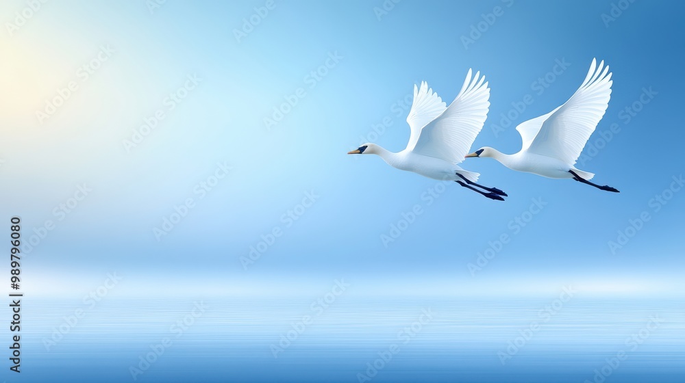 Two White Swans Flying Over Calm Water Two White Swans Flying Over Calm Water