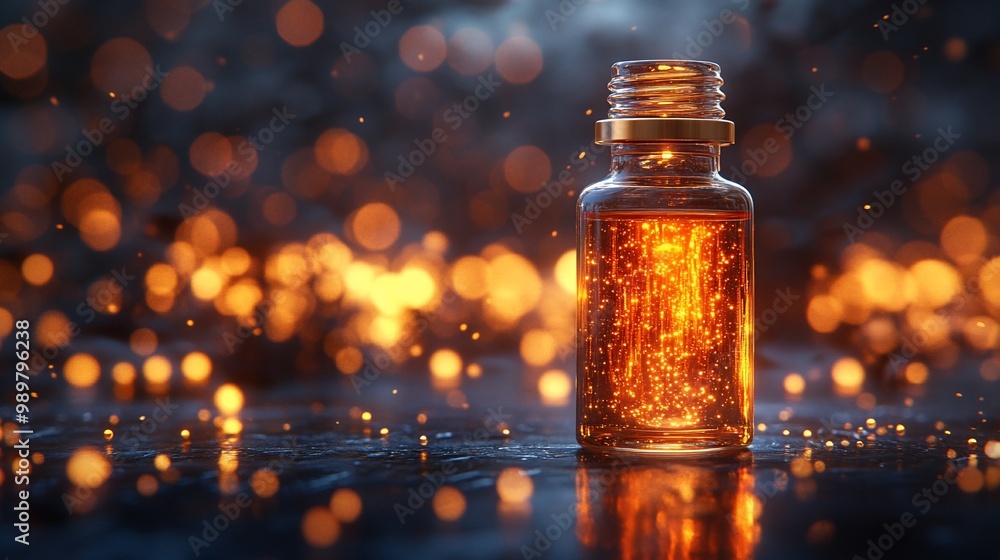 A glass bottle with golden liquid and sparkling particles on a dark background with bokeh lights. A glass bottle with golden liquid and sparkling particles on a dark background with bokeh lights.