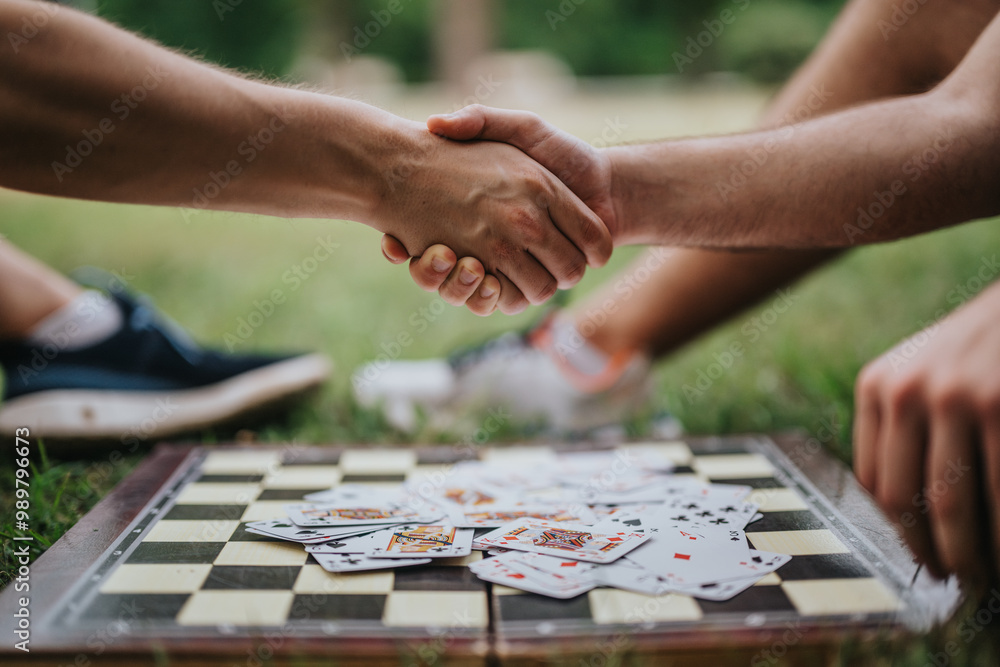 Fototapeta premium Two people shaking hands over a chessboard with scattered playing cards, symbolizing agreement, strategy, and teamwork in an outdoor environment.