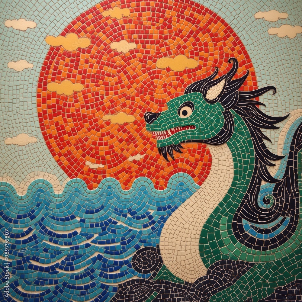 A vibrant mosaic depicting a dragon against a setting sun, symbolizing strength and cultural heritage. Perfect for art, decor, and cultural projects. A vibrant mosaic depicting a dragon against a setting sun, symbolizing strength and cultural heritage. Perfect for art, decor, and cultural projects.