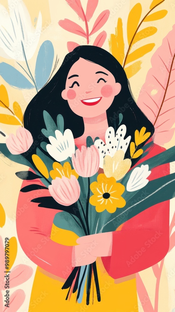 A joyful mother holds a colorful bouquet celebrating the spirit of Mother's Day A joyful mother holds a colorful bouquet celebrating the spirit of Mother's Day