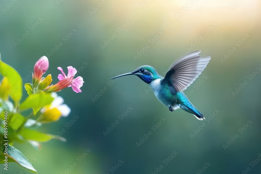 Hummingbird in Flight with Pink Flowers Hummingbird in Flight with Pink Flowers