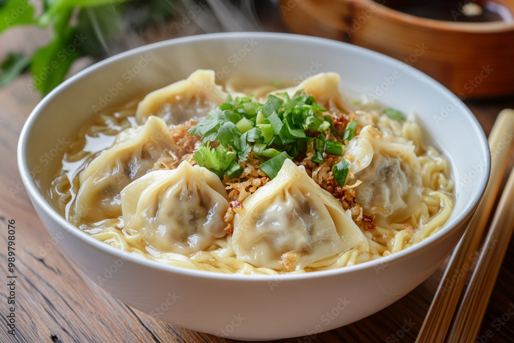 Delicious wonton noodles Soft golden yellow noodles placed in a white bowl Delicious wonton noodles Soft golden yellow noodles placed in a white bowl