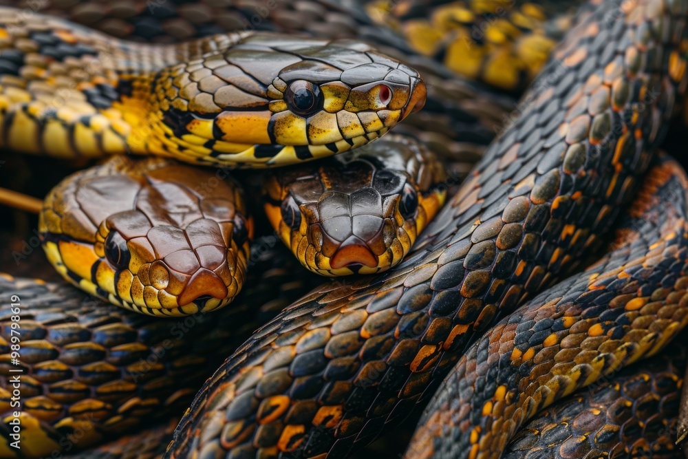 A group of snakes entwined in a mysterious encounter in their natural habitat during daylight hours A group of snakes entwined in a mysterious encounter in their natural habitat during daylight hours