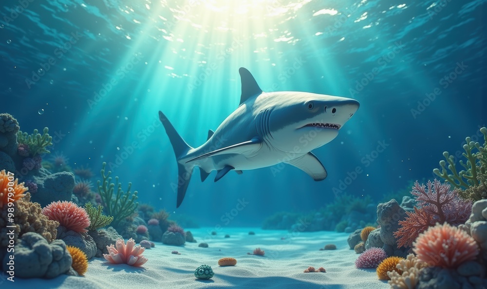 Fototapeta premium A majestic shark glides through a vibrant coral reef, illuminated by sunlight filtering through crystal-clear water, showcasing the beauty of marine life.