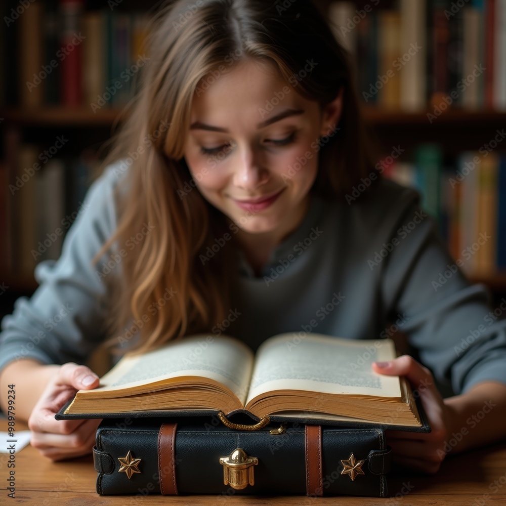 A young woman deeply engaged in reading a book, surrounded by a cozy library setting, reflecting a love for literature and learning. A young woman deeply engaged in reading a book, surrounded by a cozy library setting, reflecting a love for literature and learning.