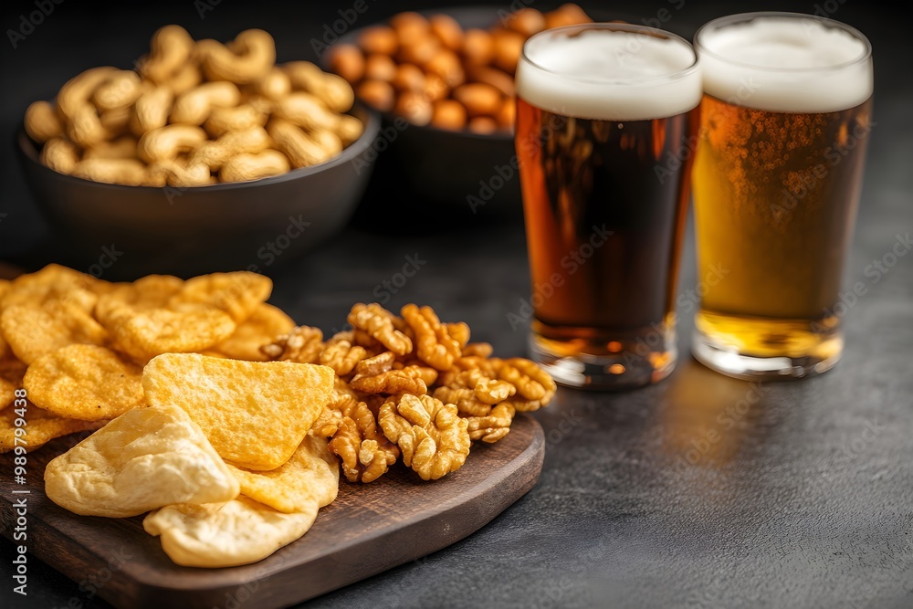 Glasses with different beer on wooden table with snacks. Oktoberfest festival celebration. Pub interior, craft brewery. Alcohol drink or beverage concept Glasses with different beer on wooden table with snacks. Oktoberfest festival celebration. Pub interior, craft brewery. Alcohol drink or beverage concept