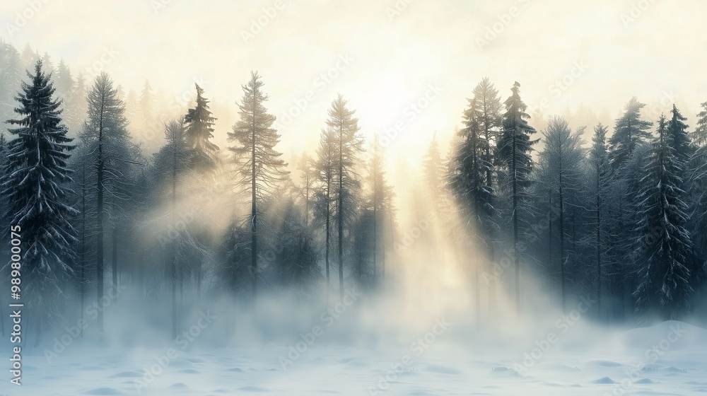 A serene winter morning in a pine forest, with sunlight breaking through the mist and illuminating the snow-covered ground. A serene winter morning in a pine forest, with sunlight breaking through the mist and illuminating the snow-covered ground.