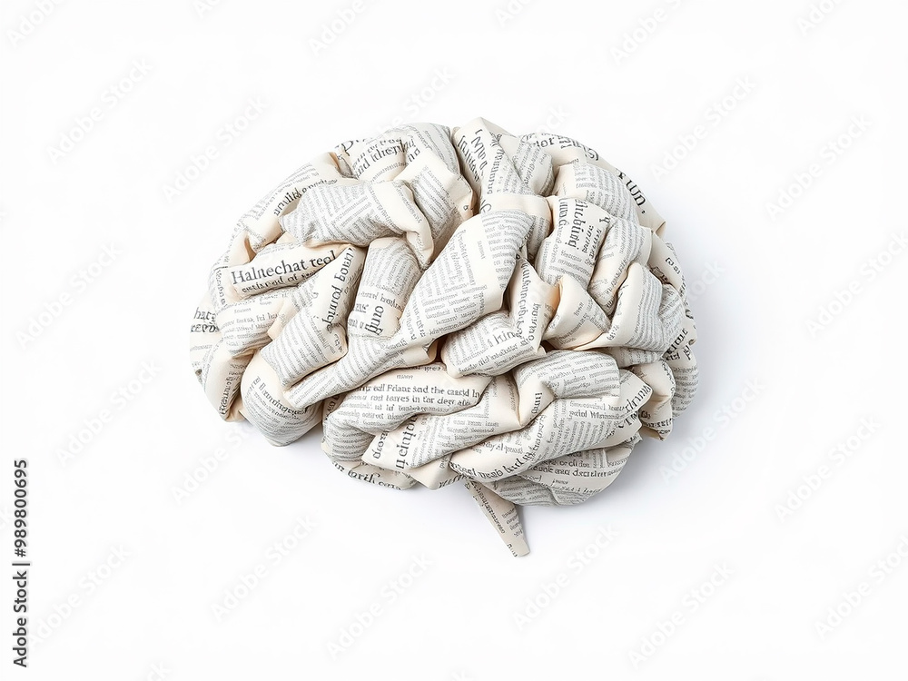 a brain made of newspaper, isolated from a light gray background - generated by ai a brain made of newspaper, isolated from a light gray background - generated by ai