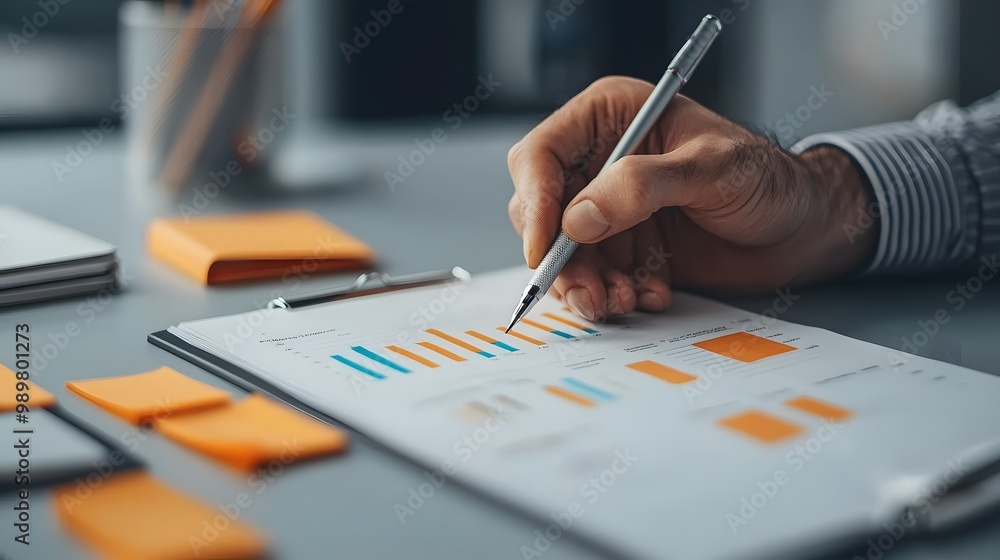A hand writing on a report filled with colorful charts. A workspace background with orange notes. Focused atmosphere, conveying a sense of determination and analysis. Business Plan Concept A hand writing on a report filled with colorful charts. A workspace background with orange notes. Focused atmosphere, conveying a sense of determination and analysis. Business Plan Concept