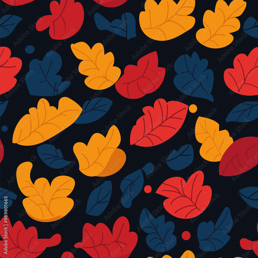 Seamless Pattern with Autumn Leaves: Colorful Foliage on Dark Background Seamless Pattern with Autumn Leaves: Colorful Foliage on Dark Background