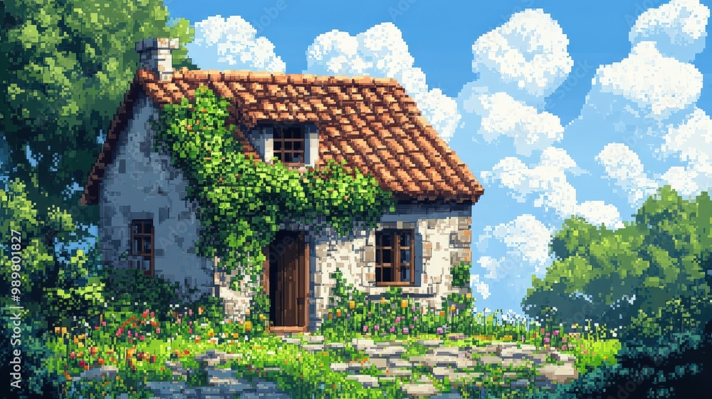 Pixel art of a rustic countryside house surrounded by nature Pixel art of a rustic countryside house surrounded by nature