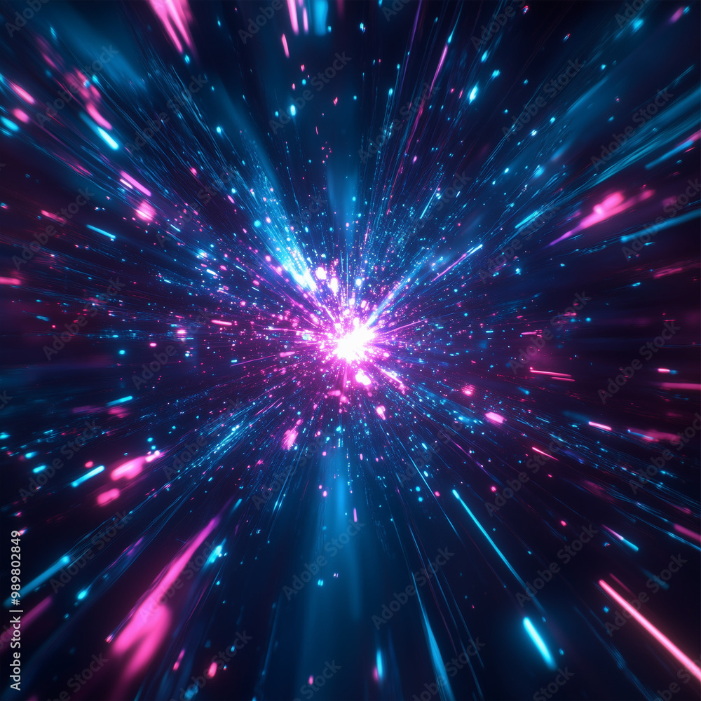 A futuristic, abstract image showing a burst of light particles and energy waves radiating from a central point A futuristic, abstract image showing a burst of light particles and energy waves radiating from a central point