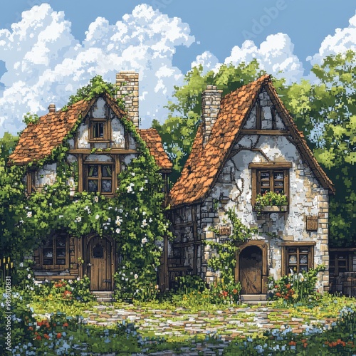 Pixel art of a rustic countryside house surrounded by nature