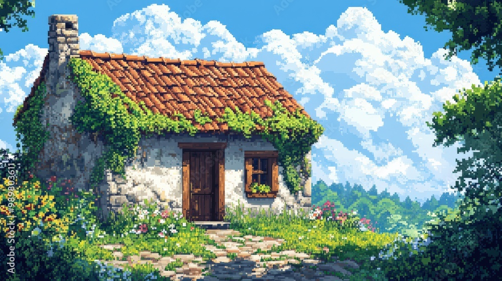 Pixel art of a rustic countryside house surrounded by nature Pixel art of a rustic countryside house surrounded by nature