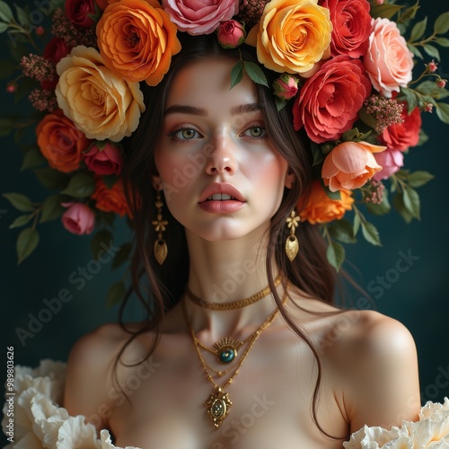 A stunning portrait of a woman adorned with a vibrant floral headdress, showcasing elegance and beauty, perfect for fashion, beauty, or lifestyle projects.