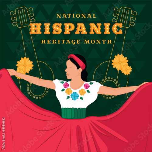 National Hispanic Heritage Month banner with folkloric dancer, Vector