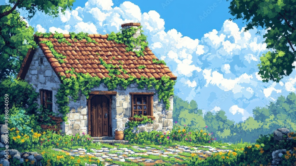 Pixel art of a rustic countryside house surrounded by nature Pixel art of a rustic countryside house surrounded by nature