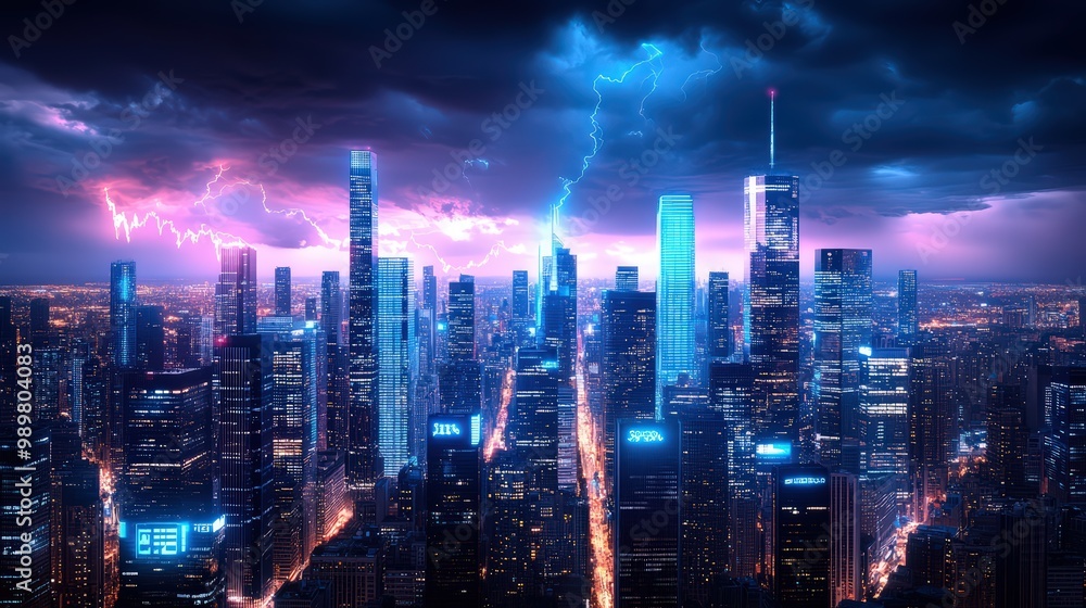 Fototapeta premium Thunderstorm Over Cityscape with Dramatic Lightning