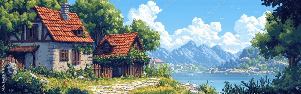Pixel art of a rustic countryside house surrounded by nature Pixel art of a rustic countryside house surrounded by nature