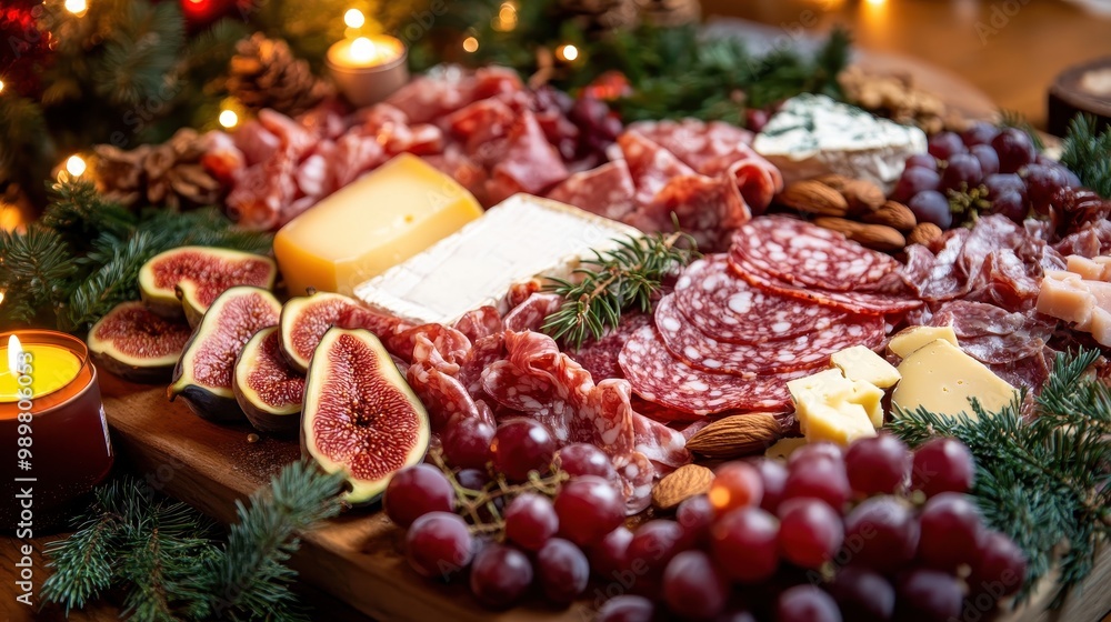 A festive charcuterie board includes cheeses, cured meats, figs, grapes, and seasonal decor A festive charcuterie board includes cheeses, cured meats, figs, grapes, and seasonal decor
