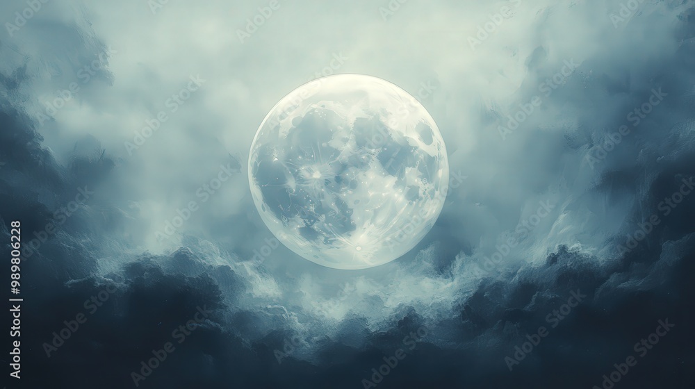 A full moon shining through dramatic clouds at night. A full moon shining through dramatic clouds at night.