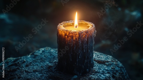 A lit candle resting on a stone surface, creating a warm and tranquil ambiance.