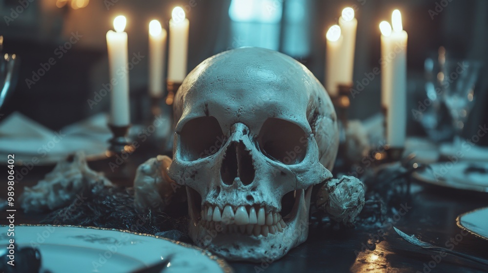 A spooky skull centerpiece surrounded by candles on an eerie dining table. A spooky skull centerpiece surrounded by candles on an eerie dining table.