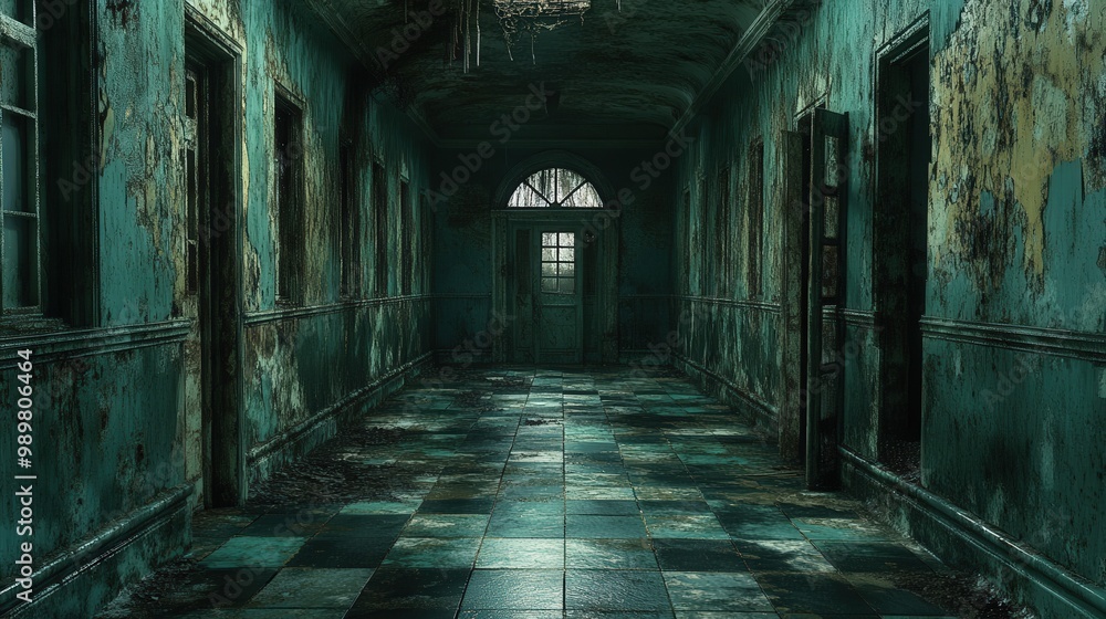 Obraz premium Abandoned corridor with peeling paint and dim lighting, eerie atmosphere.