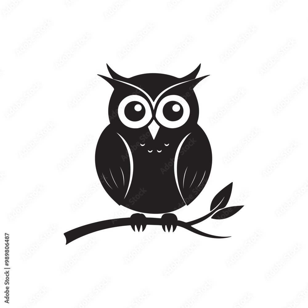A solid black owl silhouette sitting atop a tree branch A solid black owl silhouette sitting atop a tree branch
