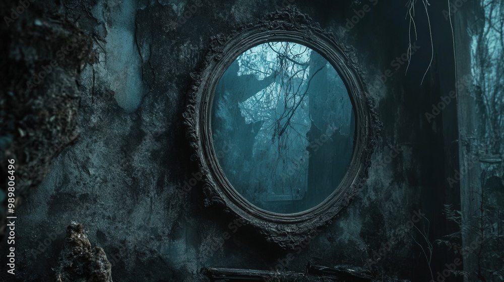 Obraz premium An eerie, abandoned mirror reflecting a haunting forest backdrop.