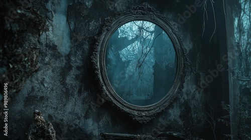 An eerie, abandoned mirror reflecting a haunting forest backdrop.