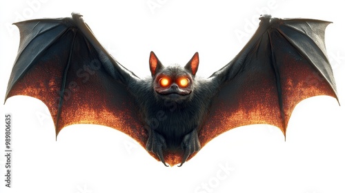 Bat with glowing eyes flying against a white isolated background photo